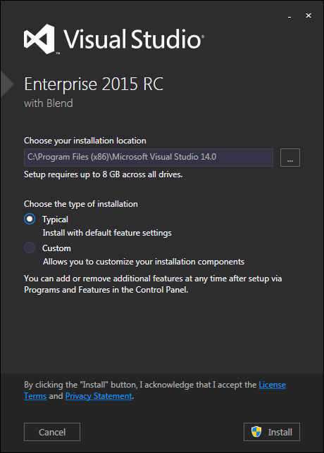 Visual Studio 2015 installation location and setup type